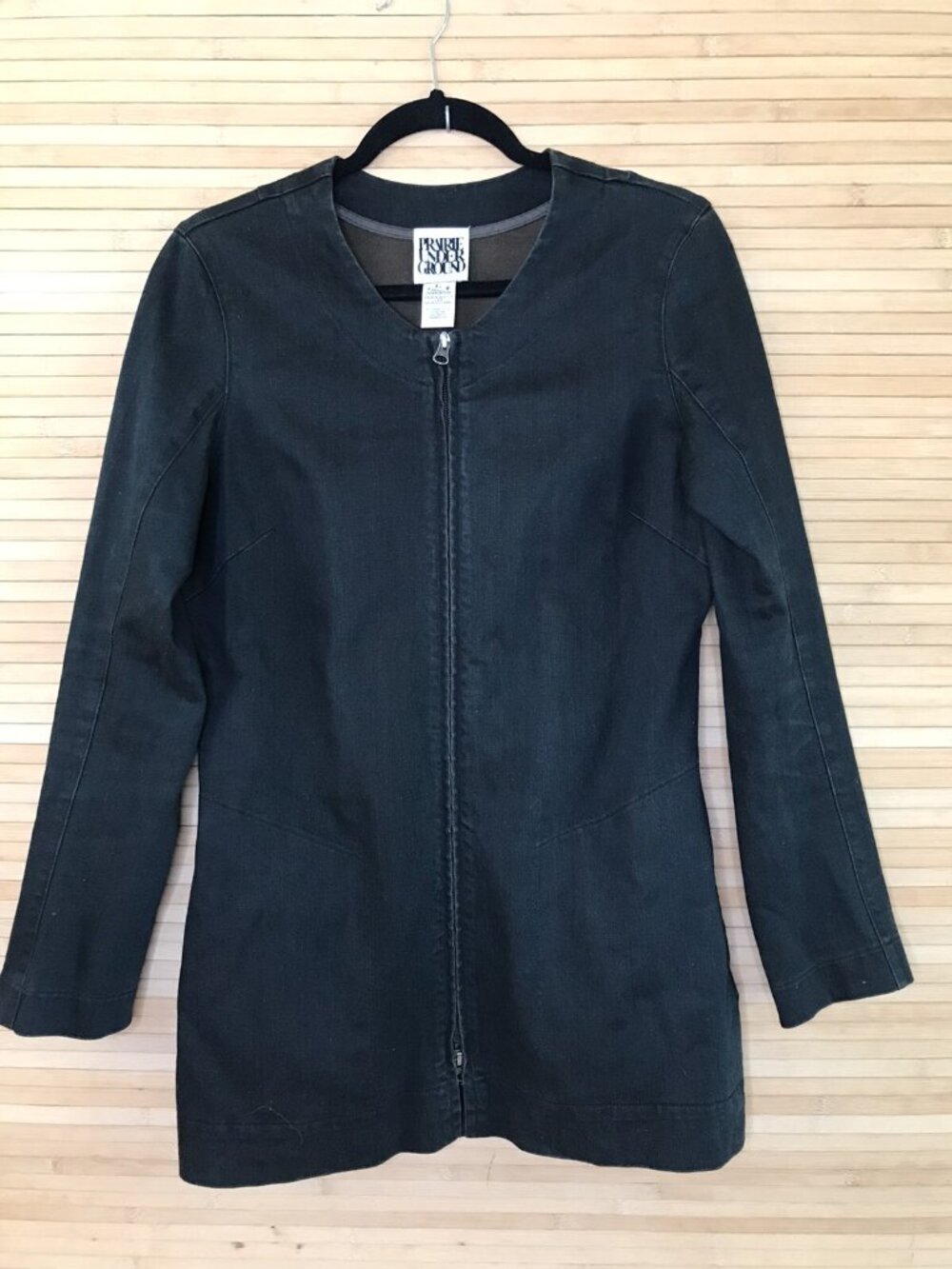 Prairie Underground Zip Up collarless dress jacket pockets Denim Jacket sz L